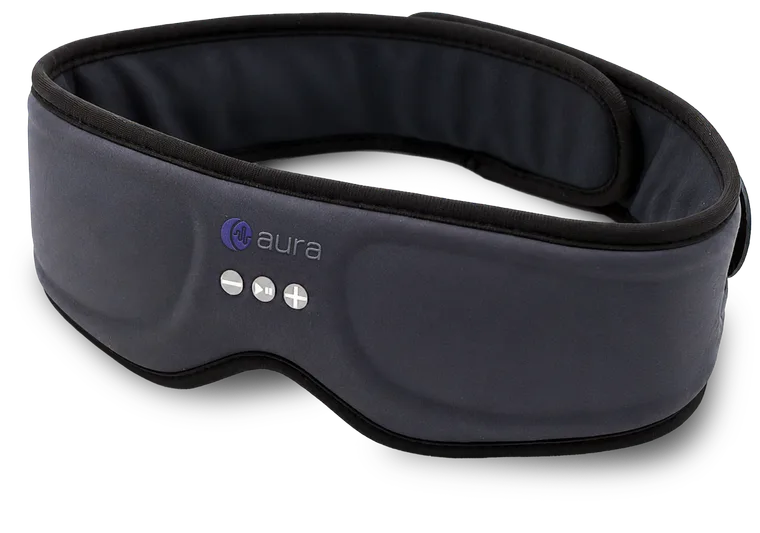 AURA Bluetooth Sleep Mask in dark gray, showing the plush 3D blackout shell, built-in ultra-thin speakers, and front control buttons