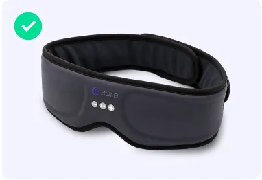 AURA Bluetooth Sleep Mask in dark gray, showing the plush 3D blackout shell, built-in ultra-thin speakers, and front control buttons
